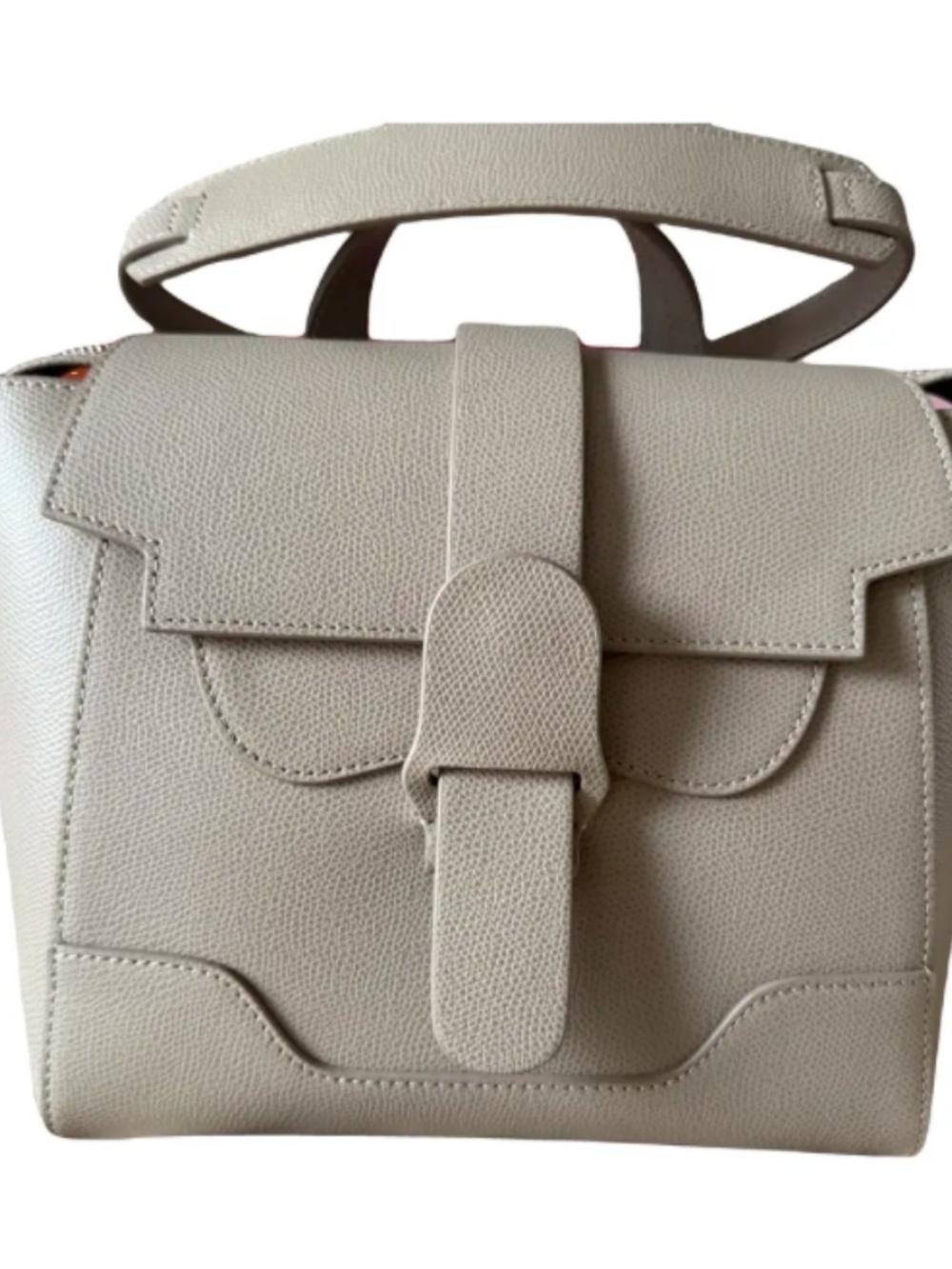 Senreve Taupe Pebbled Leather Buckle-Top Satchel in the MINI size - Sand color